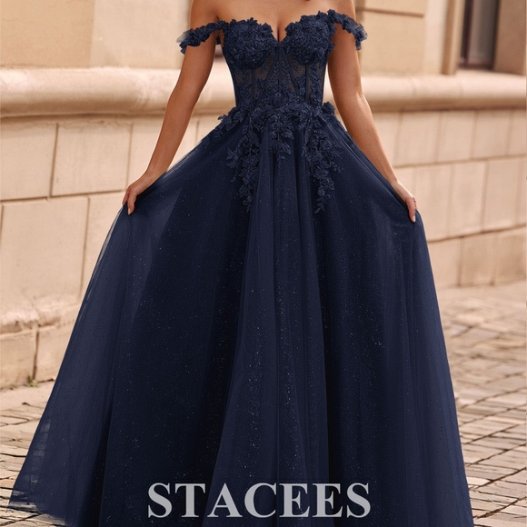 Blue Embellished Off-Shoulder Ballgown Prom Dress - Picture 1 of 5